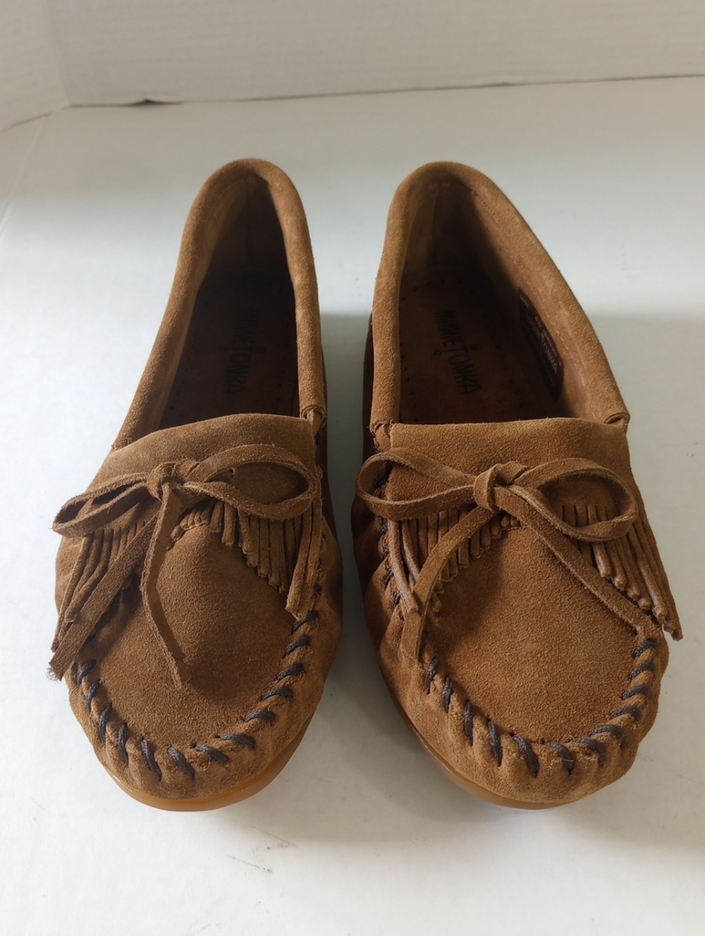 Minnetonka Chestnut Suede Fringe Moccasins with Bow